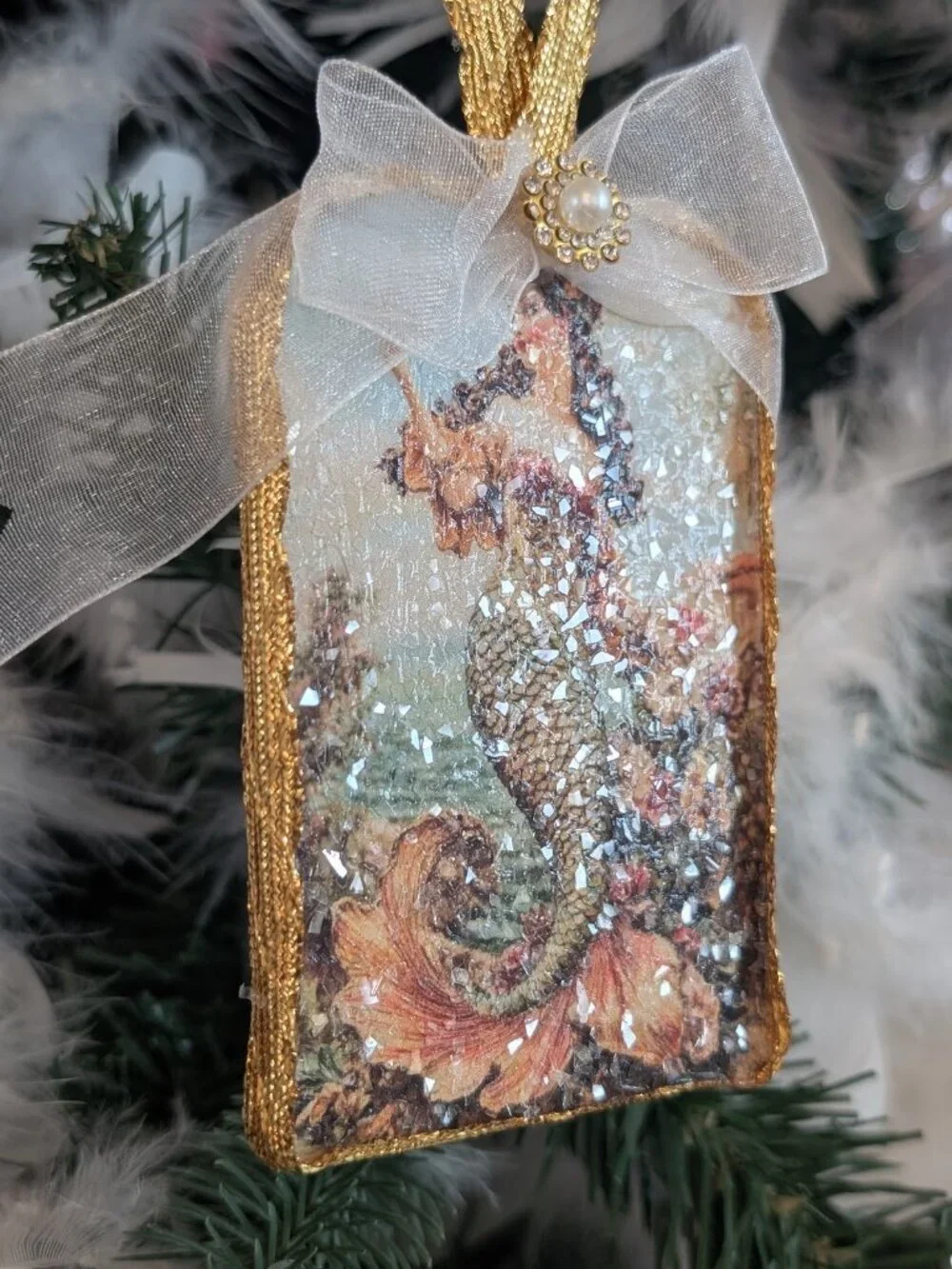Mermaid Pink Roses Decoupage Coastal Beach Shabby Chic Christmas Tree Ornament